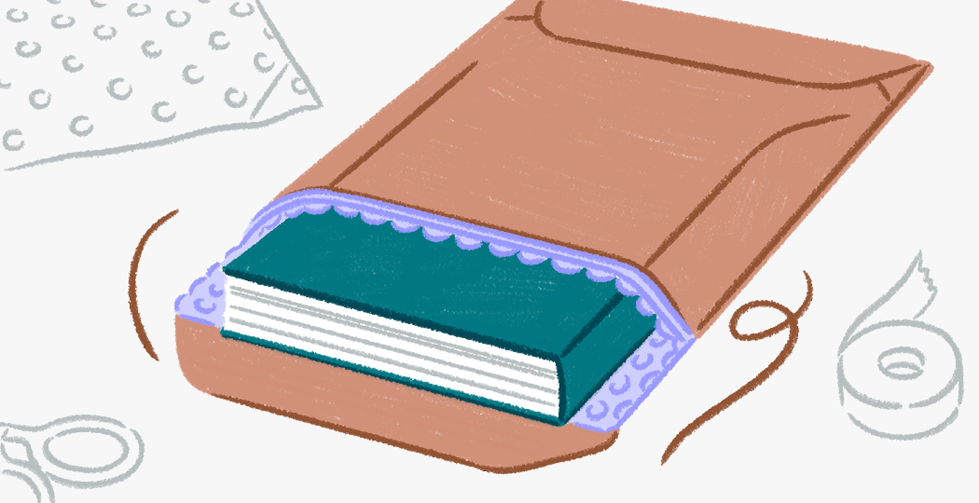 Illustration qui montre des exemples de colis bien emballés contenant des livres. Nous recommandons d'emballer ces articles dans une boîte en carton ou une enveloppe avec rembourrage.