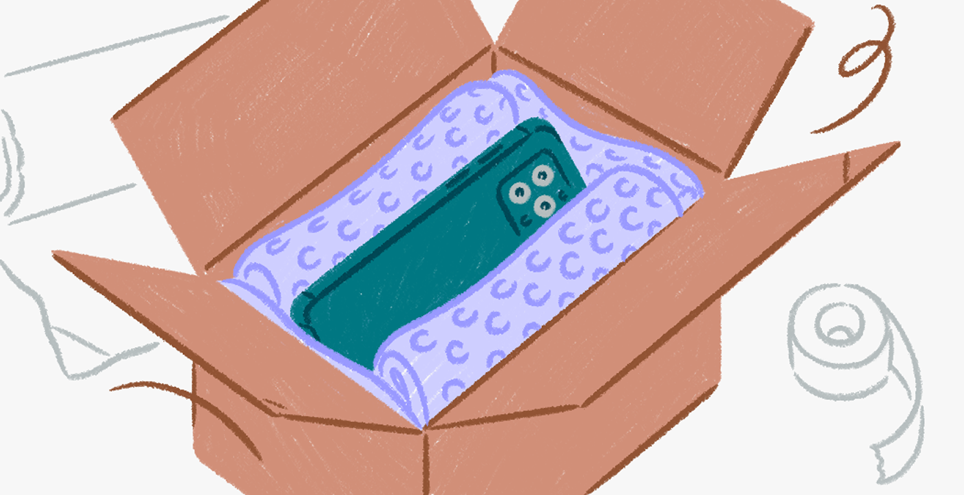 Illustration qui montre des exemples de colis bien emballés contenant des appareils électroniques ou électroménagers. Nous recommandons d'emballer ces articles dans une boîte en carton solide avec des inserts de protection ou des coussins d'air.