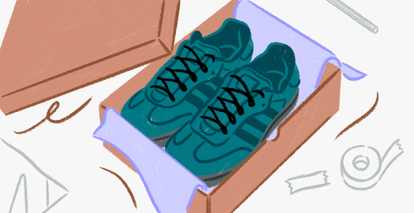 Illustration qui montre des exemples de colis bien emballés contenant des vêtements et des chaussures. Nous recommandons d'envoyer ces articles dans un sac avec rembourrage ou une boîte en carton.